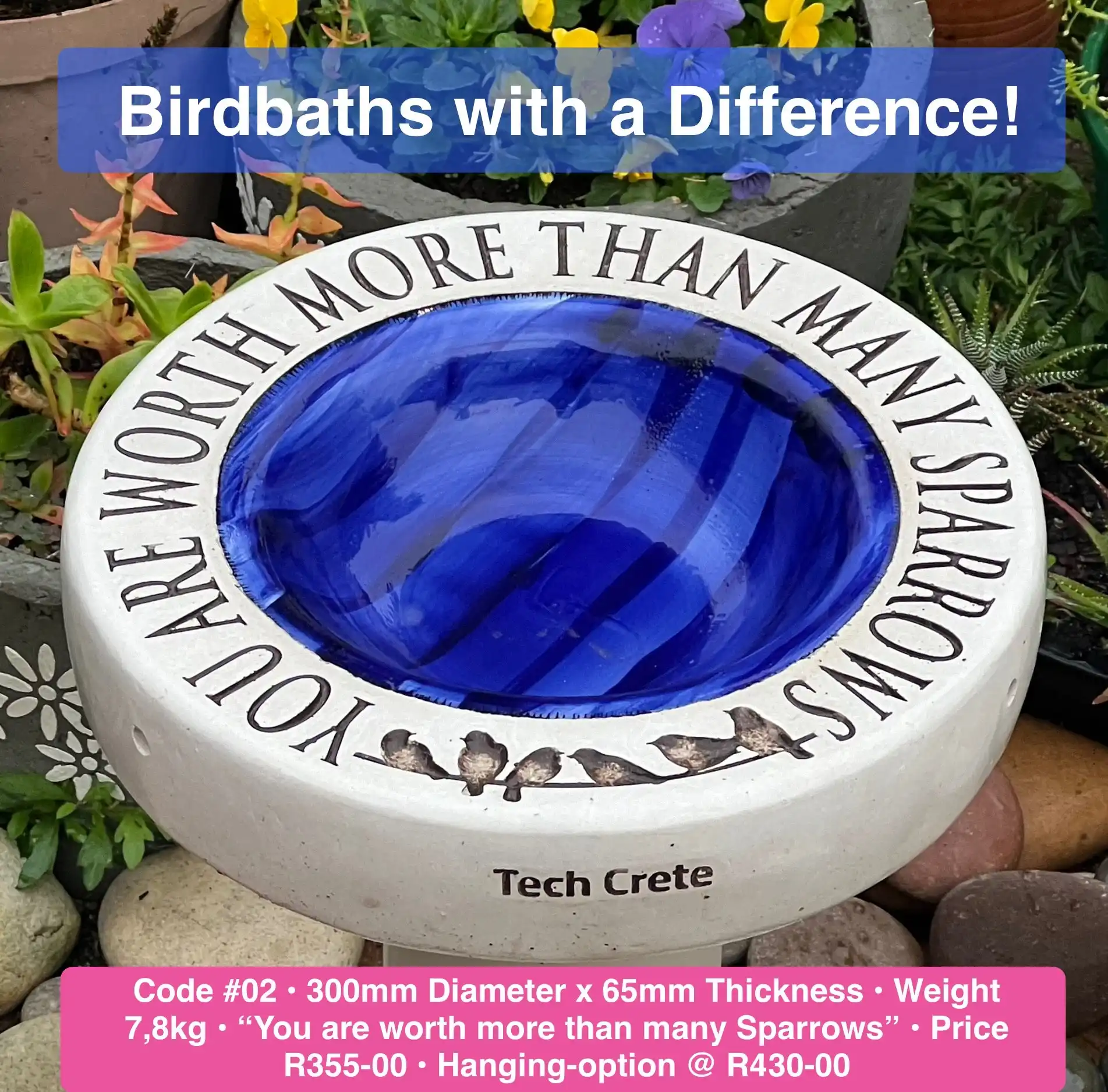 Concrete birdbath engraved “You are worth more than many Sparrows”