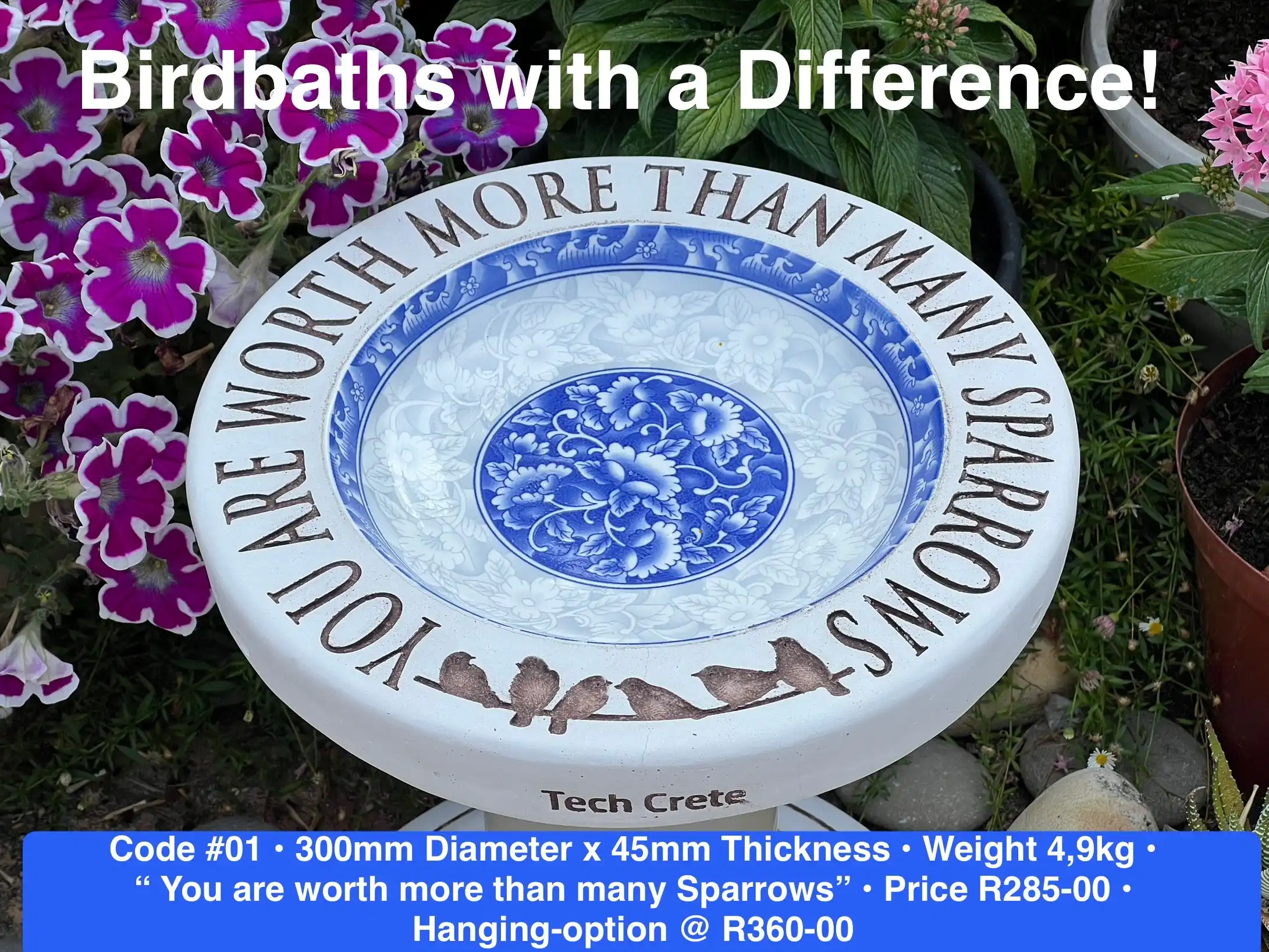 Concrete birdbath engraved “You are worth more than many Sparrows”