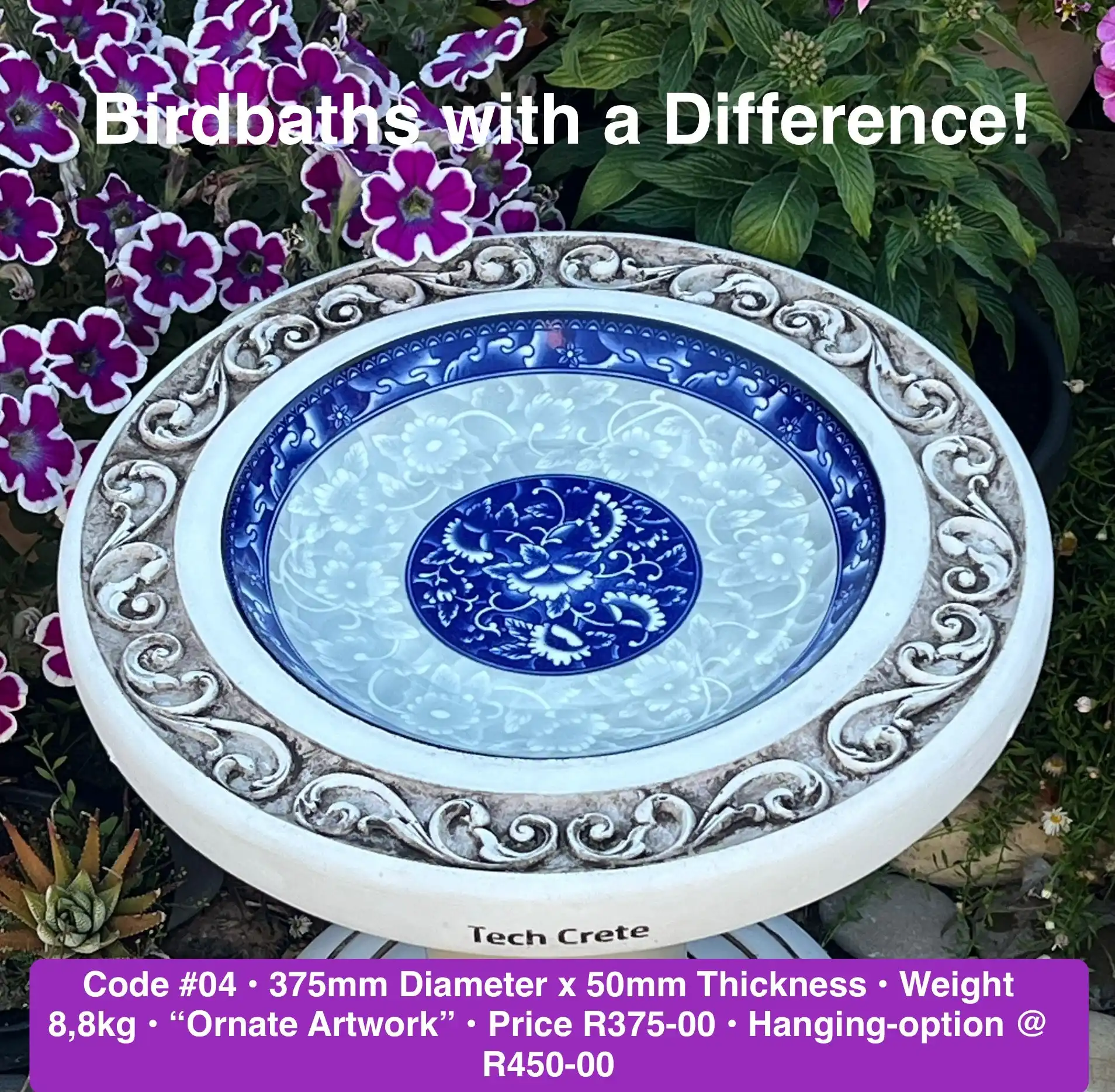 Concrete birdbath engraved “Ornate Artwork”