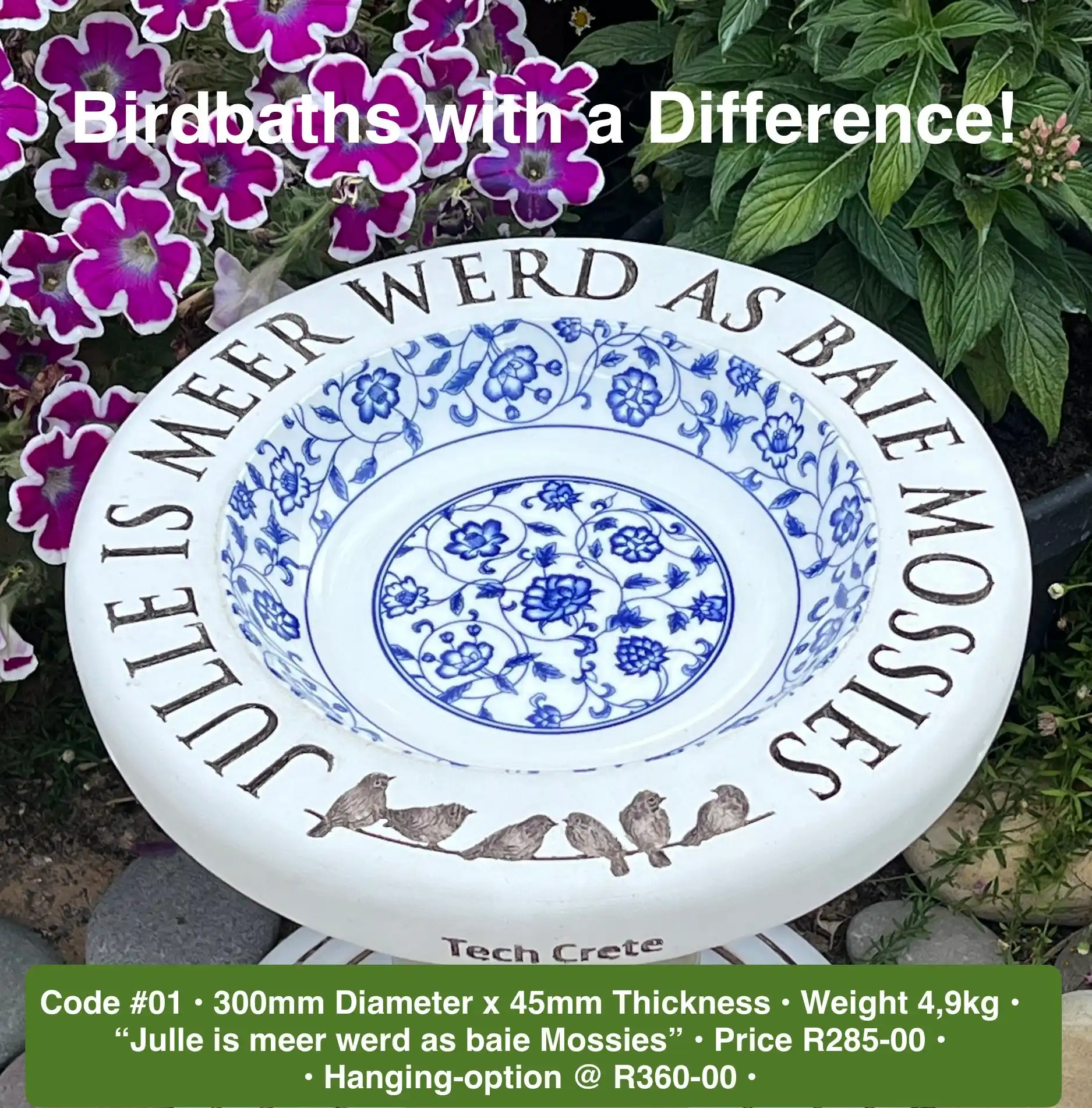 Concrete birdbath engraved “Julle is meer werd as baie Mossies”